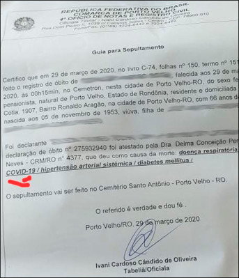 Médica atesta morte de idosa em Porto Velho por Coronavírus