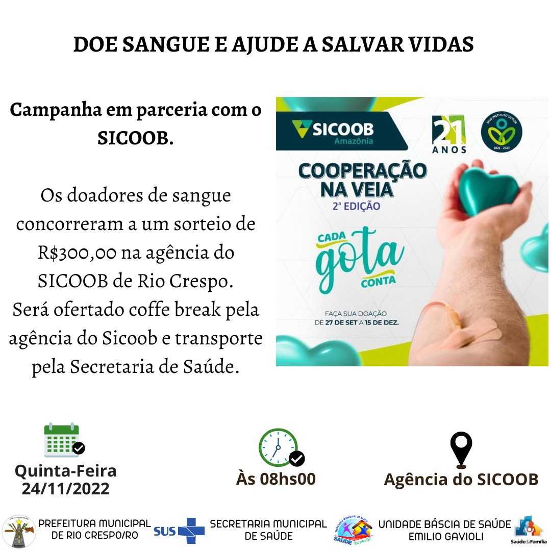 Rio Crespo: Parceria entre Sicoob e Prefeitura realizará campanha de doação de sangue.