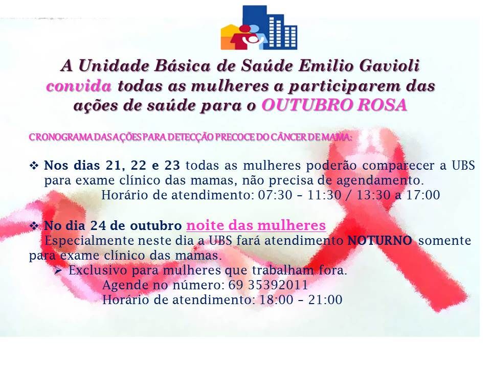 Rio Crespo>A Secretaria de Saúde em parceria com a UBS convida as mulheres para participarem das ações de saúde em alusivo ao Outubro Rosa