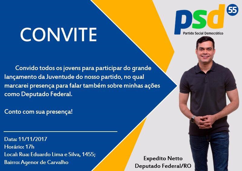 Lançamento da Juventude PSD contará com a presença do Deputado Federal Expedito Netto